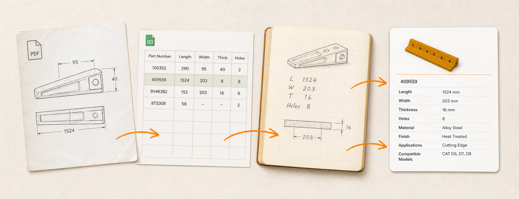 PDF sheets, spreadsheets, and catalog notes being organized into a structured MachineryWear record
