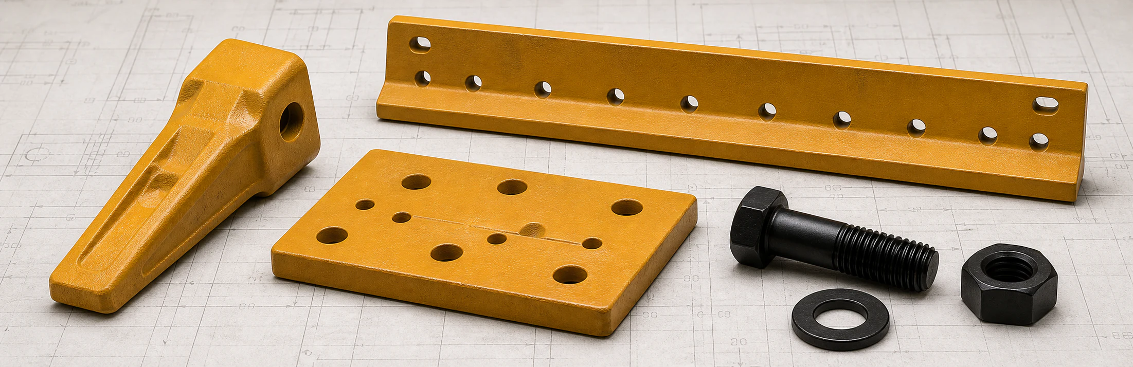 Construction machinery wear parts and fastening hardware arranged on an engineering drawing